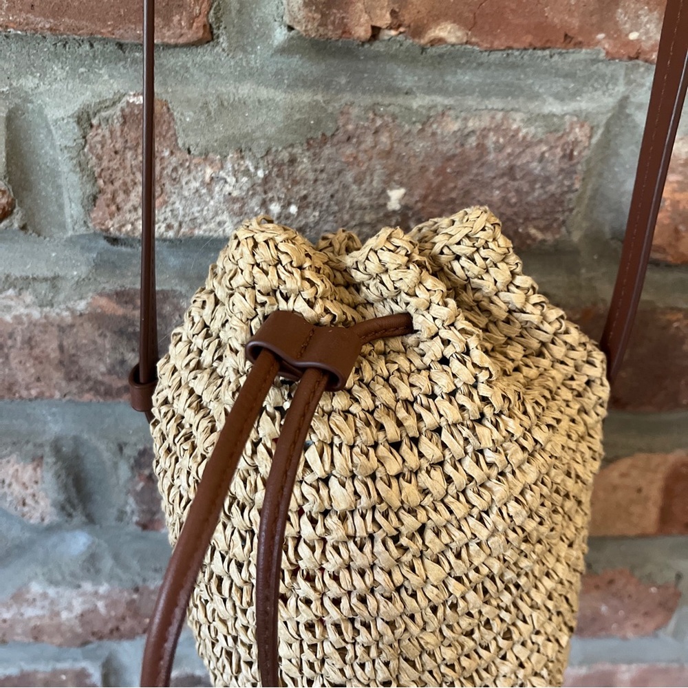 J Crew Womens Adjustable Strap Woven Straw Bucket Bag Handbag Beige Brown NWT - Picture 6 of 9